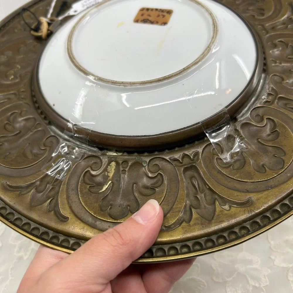 Antique Wall Plate Ornate Hand Painted Portrait Filigree Metal Circle Frame